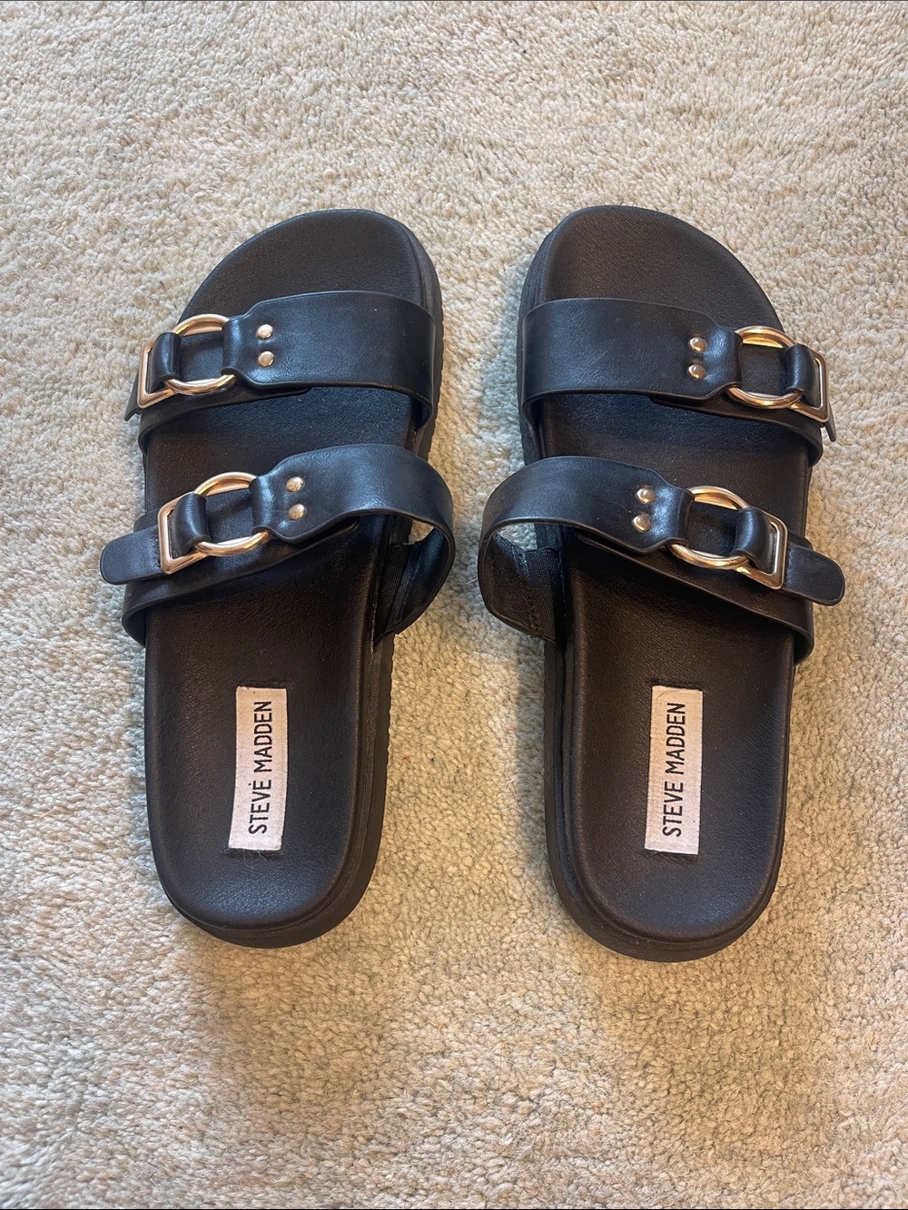 Steve Madden Black Slide Sandals with Gold Buckles